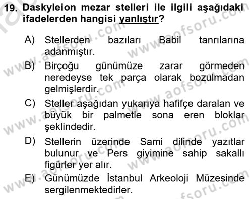 Anadolu Arkeolojisi Dersi 2020 - 2021 Yılı Yaz Okulu Sınav Soruları 19. Soru