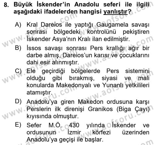 Anadolu Arkeolojisi Dersi 2020 - 2021 Yılı Yaz Okulu Sınav Soruları 8. Soru