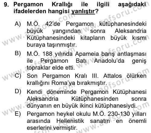 Anadolu Arkeolojisi Dersi 2020 - 2021 Yılı Yaz Okulu Sınav Soruları 9. Soru