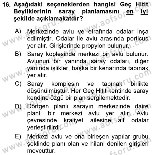 Anadolu Arkeolojisi Dersi 2023 - 2024 Yılı (Vize) Ara Sınav Soruları 16. Soru