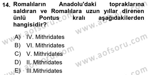 Anadolu Arkeolojisi Dersi 2023 - 2024 Yılı (Final) Dönem Sonu Sınav Soruları 14. Soru