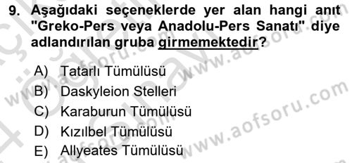 Anadolu Arkeolojisi Dersi 2023 - 2024 Yılı Yaz Okulu Sınav Soruları 9. Soru
