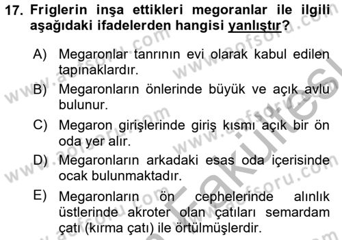 Anadolu Arkeolojisi Dersi 2025 - 2026 Yılı (Vize) Ara Sınav Soruları 17. Soru