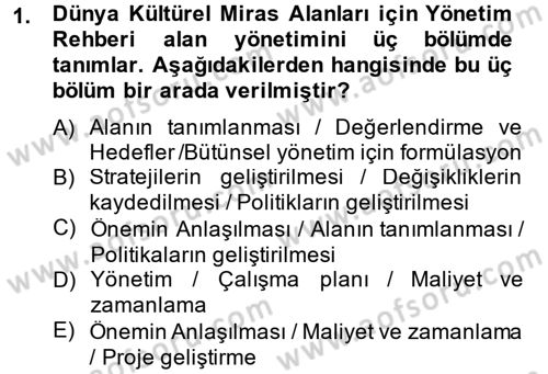 Arkeolojik Alan Yönetimi Dersi 2013 - 2014 Yılı (Final) Dönem Sonu Sınav Soruları 1. Soru