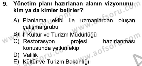 Arkeolojik Alan Yönetimi Dersi 2014 - 2015 Yılı (Final) Dönem Sonu Sınavı 9. Soru