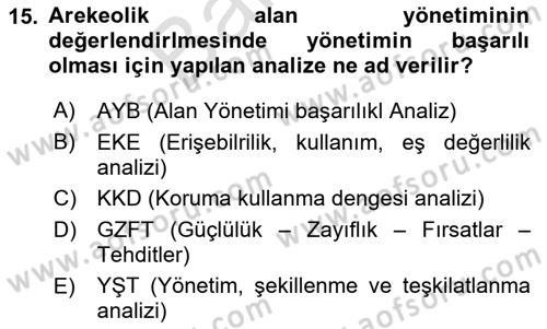 Arkeolojik Alan Yönetimi Dersi 2024 - 2025 Yılı (Final) Dönem Sonu Sınav Soruları 15. Soru
