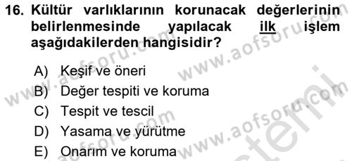 Arkeolojik Alan Yönetimi Dersi 2024 - 2025 Yılı (Final) Dönem Sonu Sınav Soruları 16. Soru