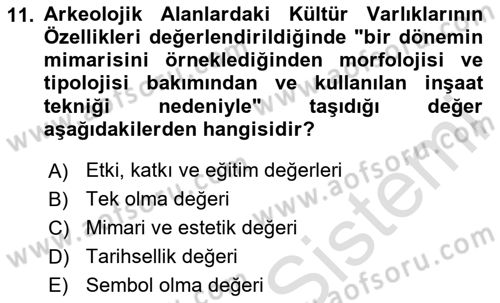 Arkeolojik Alan Yönetimi Dersi 2025 - 2026 Yılı (Final) Dönem Sonu Sınav Soruları 11. Soru