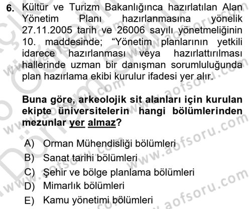 Arkeolojik Alan Yönetimi Dersi 2025 - 2026 Yılı (Final) Dönem Sonu Sınav Soruları 6. Soru