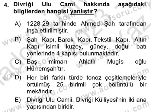 Ortaçağdan Günümüze Anadolu Uygarlıkları Dersi 2023 - 2024 Yılı Yaz Okulu Sınav Soruları 4. Soru