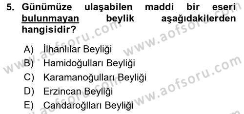 Ortaçağdan Günümüze Anadolu Uygarlıkları Dersi 2023 - 2024 Yılı Yaz Okulu Sınav Soruları 5. Soru