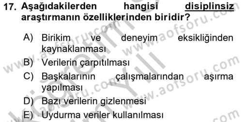 Sosyal Bilimlerde Araştırma Yöntemleri Dersi 2016 - 2017 Yılı 3 Ders Sınav Soruları 17. Soru
