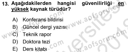 Sosyal Bilimlerde Araştırma Yöntemleri Dersi Ara Sınavı Deneme Sınav Soruları 13. Soru