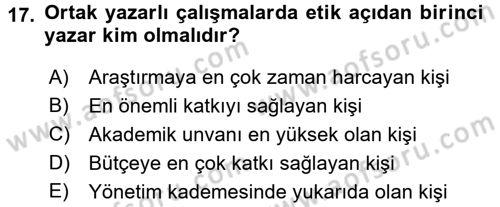 Sosyal Bilimlerde Araştırma Yöntemleri Dersi 2017 - 2018 Yılı (Final) Dönem Sonu Sınavı 17. Soru