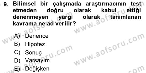 Sosyal Bilimlerde Araştırma Yöntemleri Dersi Ara Sınavı Deneme Sınav Soruları 9. Soru