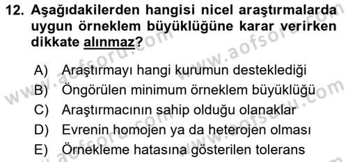 Sosyal Bilimlerde Araştırma Yöntemleri Dersi 2020 - 2021 Yılı Yaz Okulu Sınavı 12. Soru