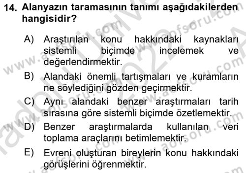 Sosyal Bilimlerde Araştırma Yöntemleri Dersi Ara Sınavı Deneme Sınav Soruları 14. Soru