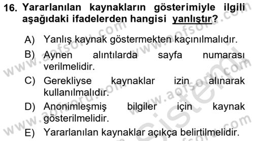 Sosyal Bilimlerde Araştırma Yöntemleri Dersi 2022 - 2023 Yılı (Final) Dönem Sonu Sınav Soruları 16. Soru