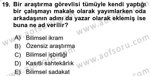 Sosyal Bilimlerde Araştırma Yöntemleri Dersi 2022 - 2023 Yılı Yaz Okulu Sınav Soruları 19. Soru