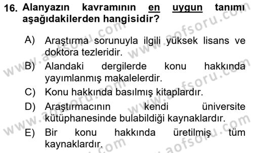 Sosyal Bilimlerde Araştırma Yöntemleri Dersi Ara Sınavı Deneme Sınav Soruları 16. Soru