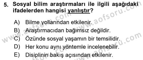 Sosyal Bilimlerde Araştırma Yöntemleri Dersi 2024 - 2025 Yılı Yaz Okulu Sınav Soruları 5. Soru