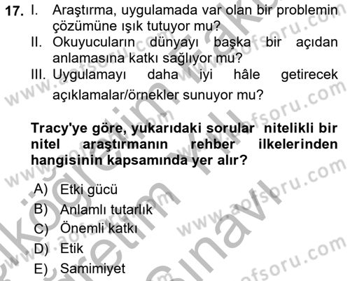 Sosyal Bilimlerde Araştırma Yöntemleri Dersi 2025 - 2026 Yılı (Vize) Ara Sınav Soruları 17. Soru
