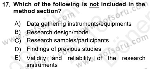 Research Methods Dersi 2018 - 2019 Yılı (Final) Dönem Sonu Sınavı 17. Soru