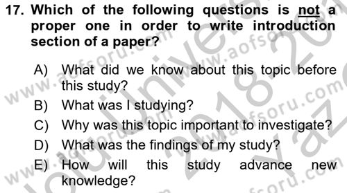 Research Methods Dersi 2018 - 2019 Yılı Yaz Okulu Sınav Soruları 17. Soru