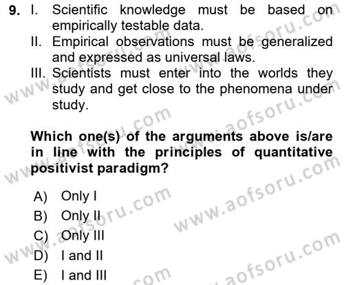 Research Methods Dersi 2023 - 2024 Yılı (Vize) Ara Sınav Soruları 9. Soru