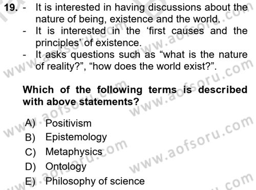 Research Methods Dersi 2024 - 2025 Yılı (Vize) Ara Sınav Soruları 19. Soru