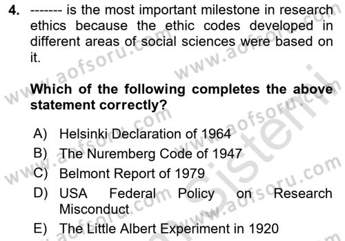 Research Methods Dersi 2024 - 2025 Yılı Yaz Okulu Sınav Soruları 4. Soru
