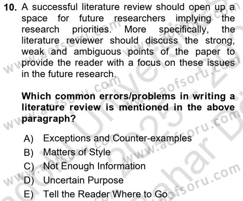 Research Methods Dersi 2025 - 2026 Yılı (Vize) Ara Sınav Soruları 10. Soru