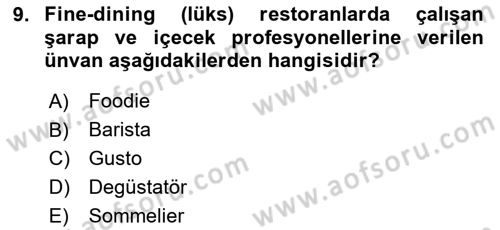 Gastronominin Temelleri Dersi 2024 - 2025 Yılı (Vize) Ara Sınav Soruları 9. Soru