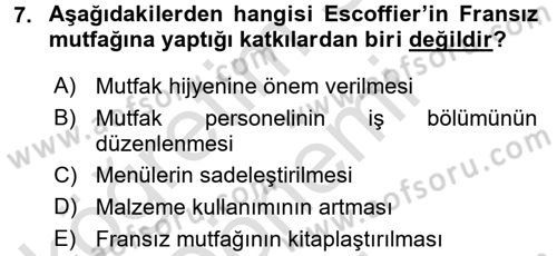 Gastronomi Tarihi Dersi 2016 - 2017 Yılı (Final) Dönem Sonu Sınav Soruları 7. Soru