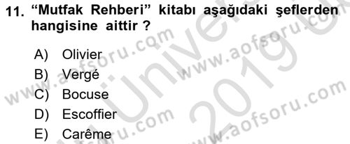 Gastronomi Tarihi Dersi 2018 - 2019 Yılı 3 Ders Sınav Soruları 11. Soru