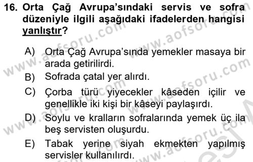 Gastronomi Tarihi Dersi 2022 - 2023 Yılı Yaz Okulu Sınav Soruları 16. Soru