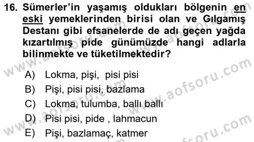 Gastronomi Tarihi Dersi 2024 - 2025 Yılı (Vize) Ara Sınav Soruları 16. Soru