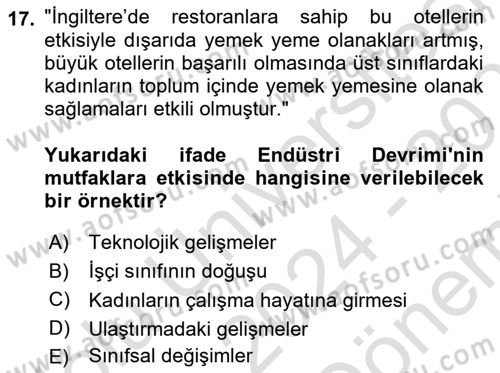 Gastronomi Tarihi Dersi Dönem Sonu Sınavı Deneme Sınav Soruları 17. Soru