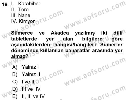 Gastronomi Tarihi Dersi 2024 - 2025 Yılı Yaz Okulu Sınav Soruları 16. Soru