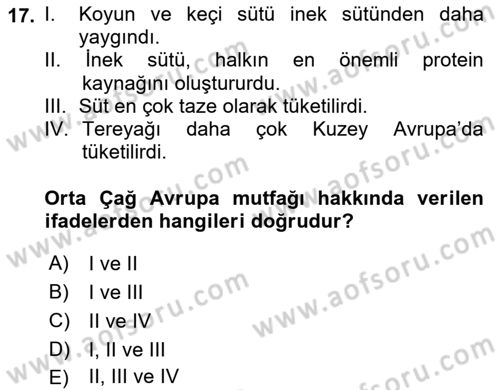 Gastronomi Tarihi Dersi 2024 - 2025 Yılı Yaz Okulu Sınav Soruları 17. Soru