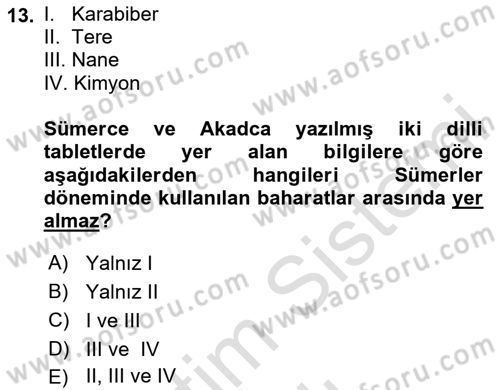 Gastronomi Tarihi Dersi 2025 - 2026 Yılı (Vize) Ara Sınav Soruları 13. Soru