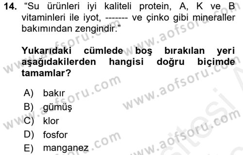 Beslenmenin Temel İlkeleri Dersi 2017 - 2018 Yılı 3 Ders Sınav Soruları 14. Soru
