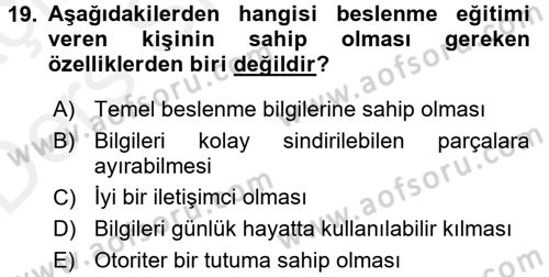 Beslenmenin Temel İlkeleri Dersi 2017 - 2018 Yılı 3 Ders Sınav Soruları 19. Soru