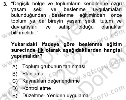 Beslenmenin Temel İlkeleri Dersi 2021 - 2022 Yılı (Final) Dönem Sonu Sınav Soruları 3. Soru