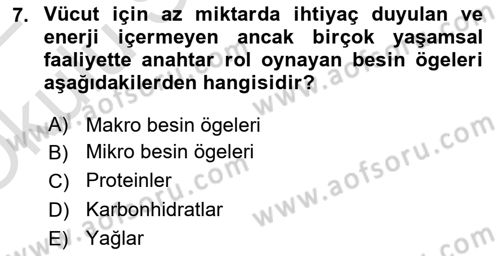 Beslenmenin Temel İlkeleri Dersi 2021 - 2022 Yılı Yaz Okulu Sınav Soruları 7. Soru
