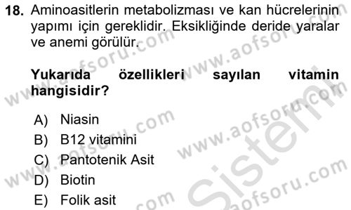 Beslenmenin Temel İlkeleri Dersi 2023 - 2024 Yılı (Vize) Ara Sınav Soruları 18. Soru