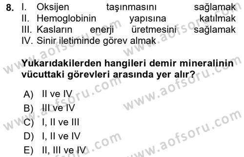 Beslenmenin Temel İlkeleri Dersi 2024 - 2025 Yılı (Final) Dönem Sonu Sınav Soruları 8. Soru