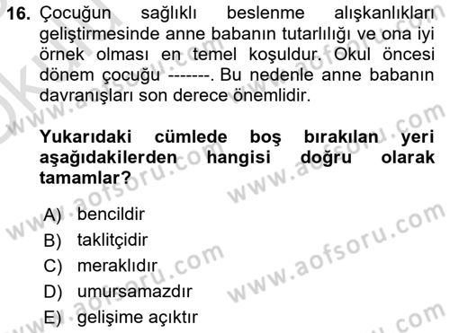 Beslenmenin Temel İlkeleri Dersi 2024 - 2025 Yılı Yaz Okulu Sınav Soruları 16. Soru