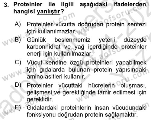 Beslenmenin Temel İlkeleri Dersi 2024 - 2025 Yılı Yaz Okulu Sınav Soruları 3. Soru