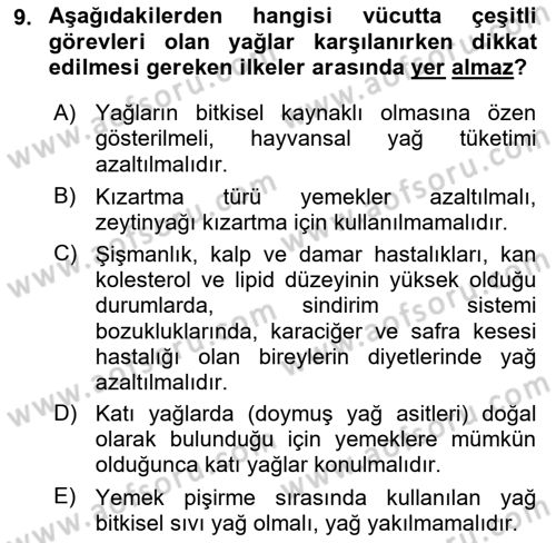 Beslenmenin Temel İlkeleri Dersi 2025 - 2026 Yılı (Vize) Ara Sınav Soruları 9. Soru